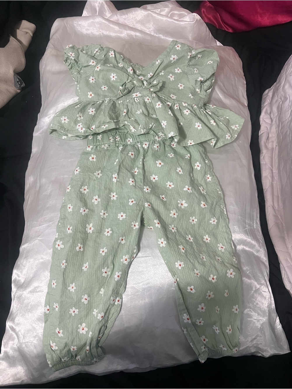 Mayoral Sage Green Floral Jumpsuit Set with Tie Front